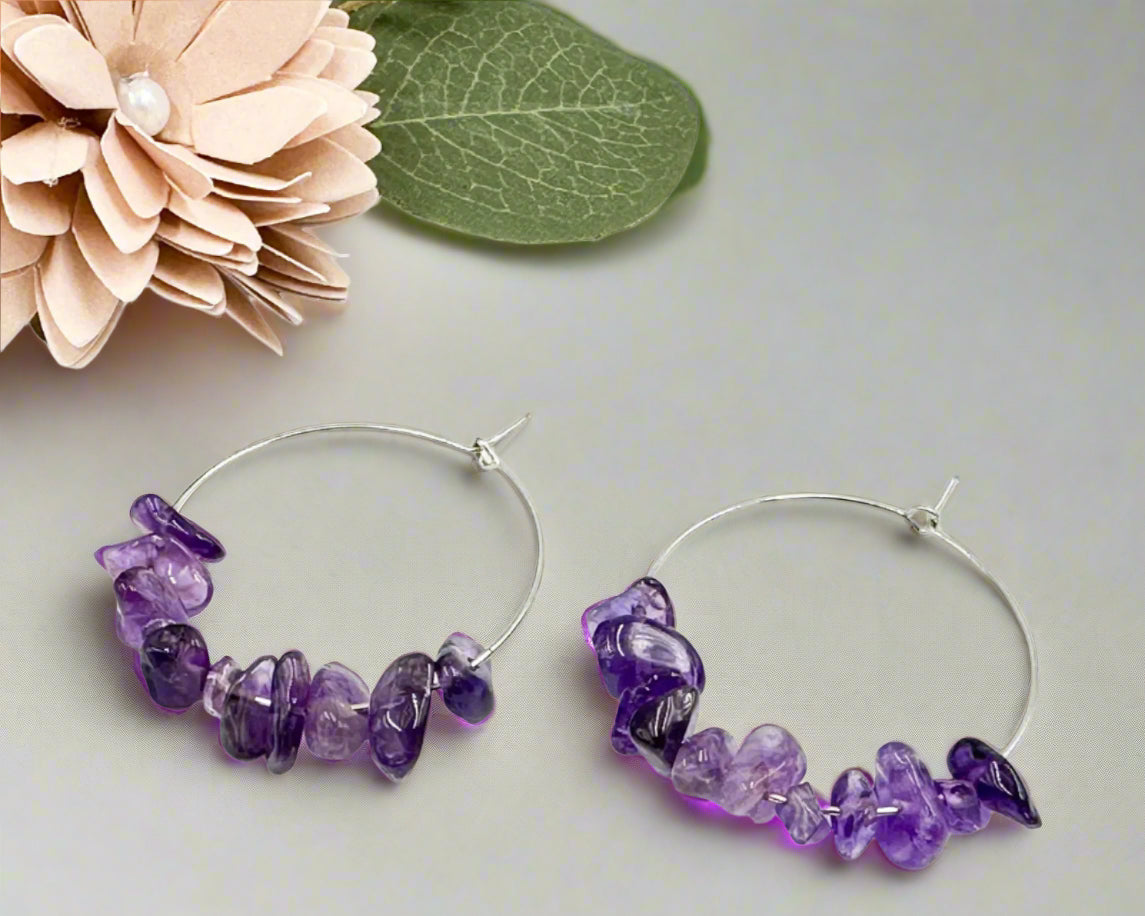 Amethyst Gemstone creole hoop Earrings for Women, Boho Hoop Earrings