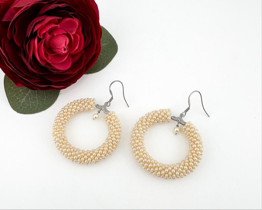 Beige Beaded crochet hoop Earrings, Geometric Earrings women Gift