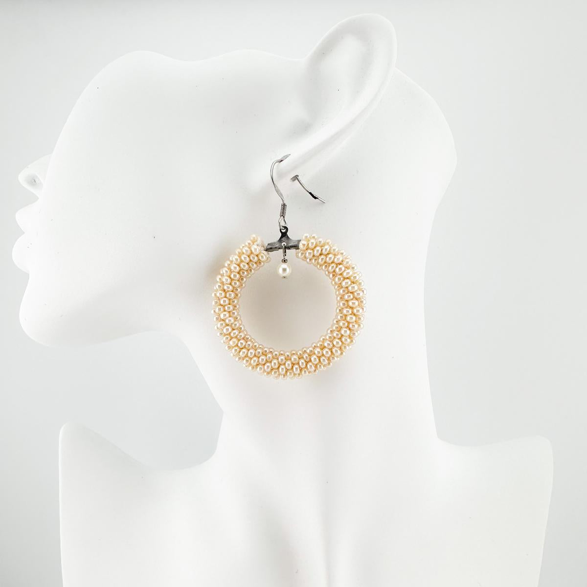 Beige Beaded crochet hoop Earrings, Geometric Earrings women Gift