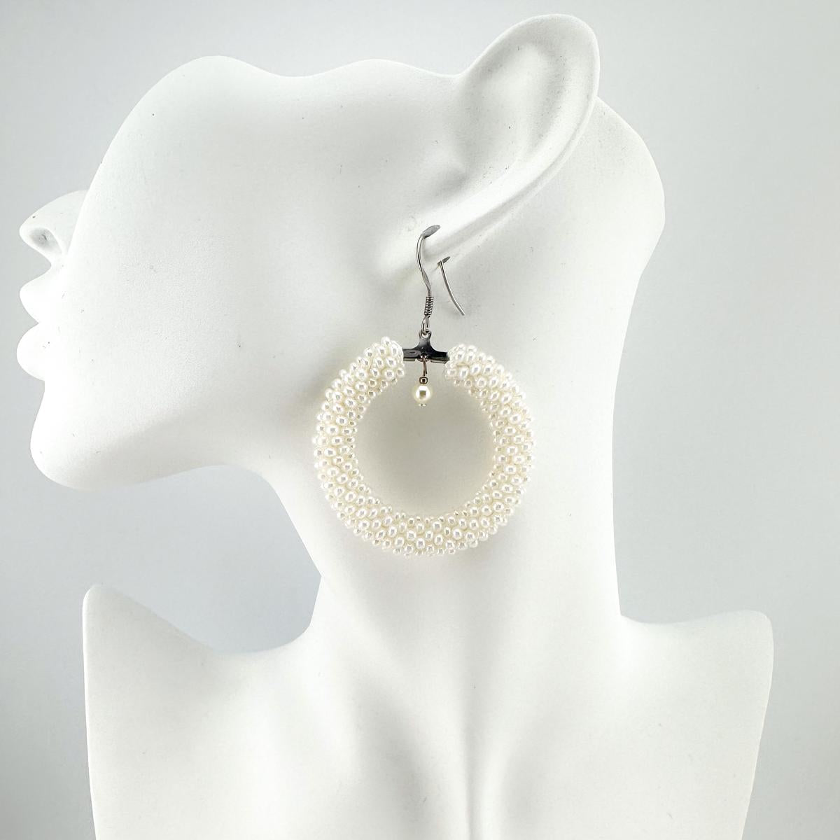 White-pearl Beaded crochet hoop Earrings, Geometric Earrings women Gift