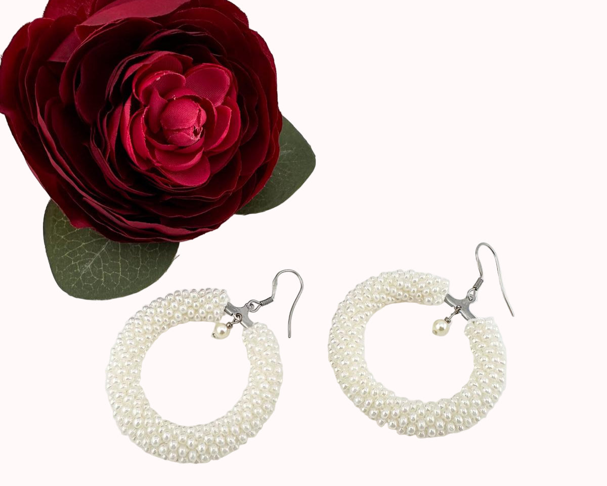White-pearl Beaded crochet hoop Earrings, Geometric Earrings women Gift