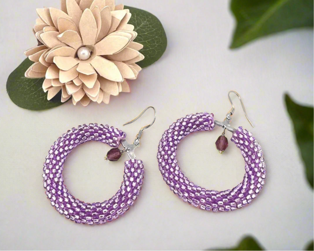 Purple Beaded crochet hoop Earrings, Geometric Earrings women Gift