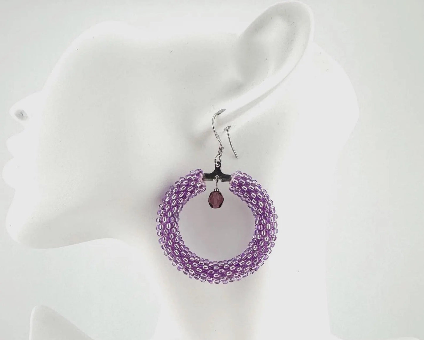 Purple Beaded crochet hoop Earrings, Geometric Earrings women Gift