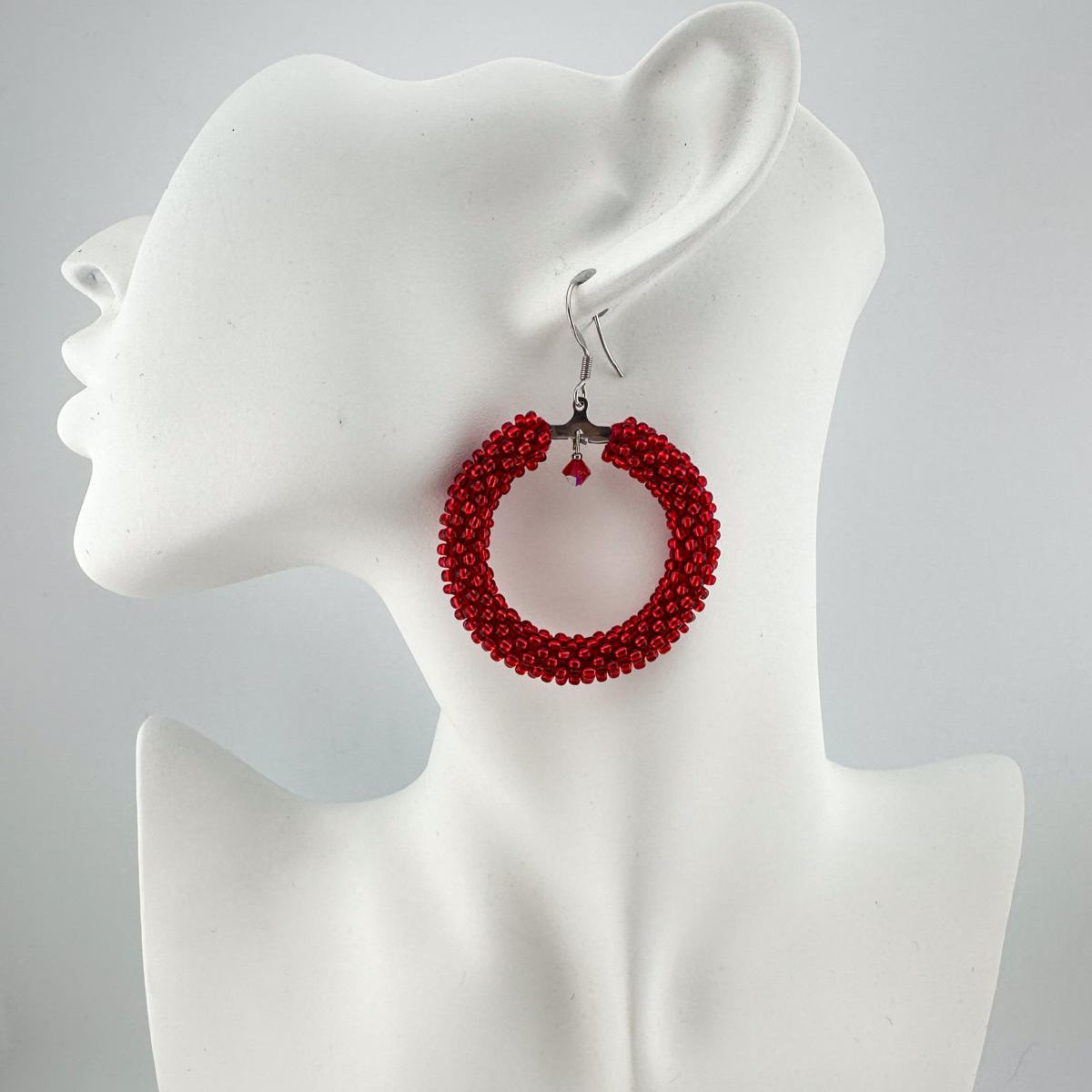 Red Beaded crochet hoop Earrings, Geometric Earrings women Gift