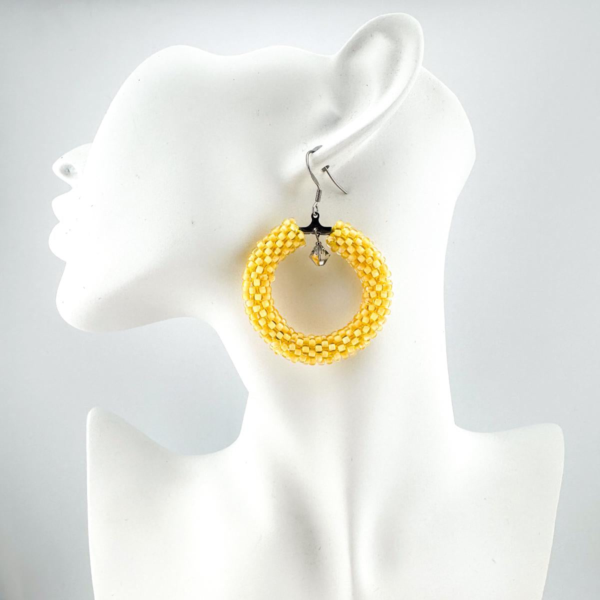Yellow Beaded crochet hoop Earrings, Geometric Earrings women Gift