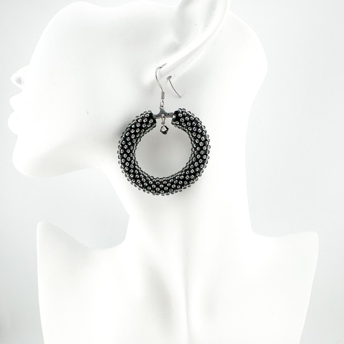Gray Beaded crochet hoop Earrings, Geometric Earrings women Gift