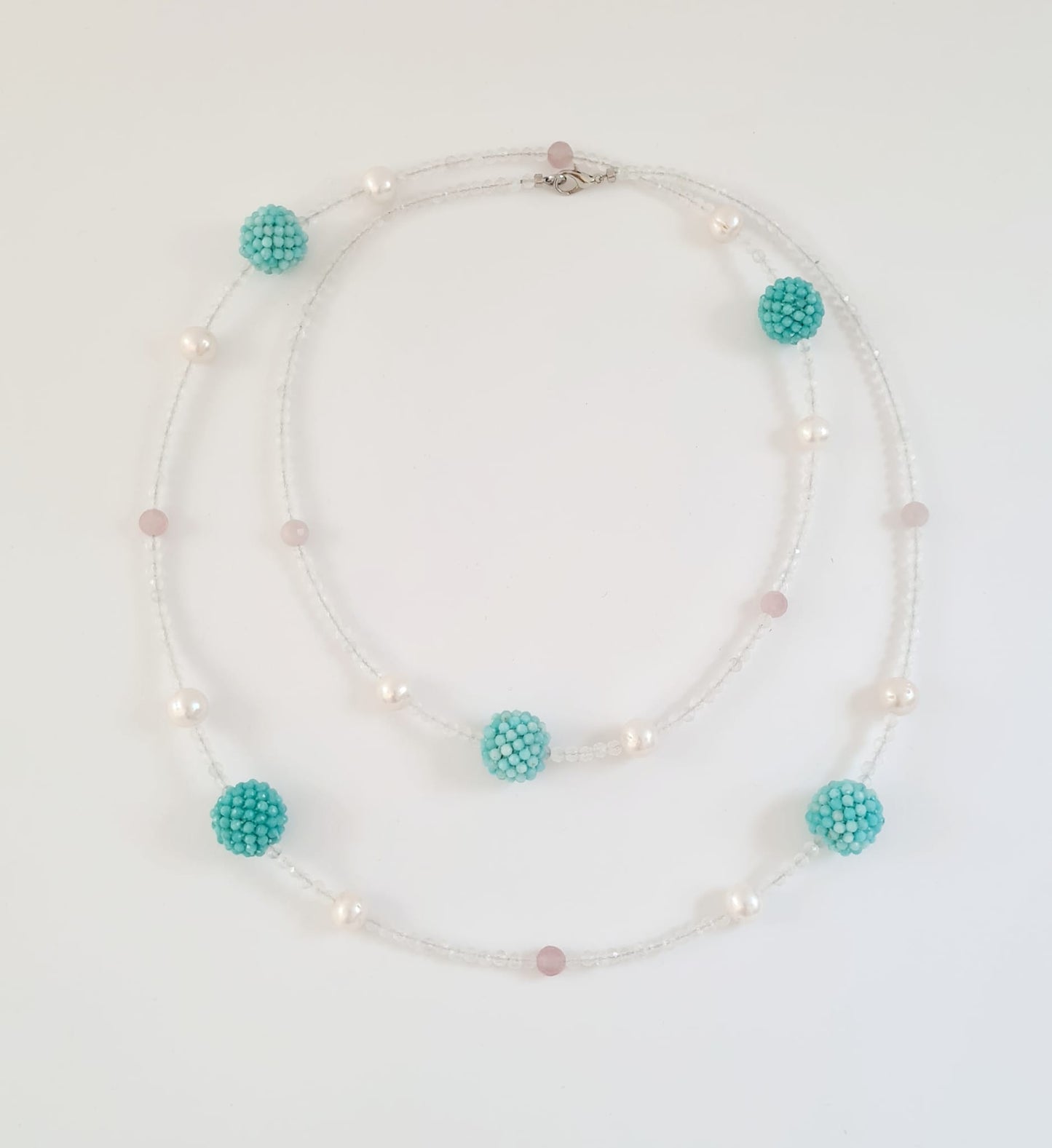 Long Necklace with White Moonstone and Amazonite