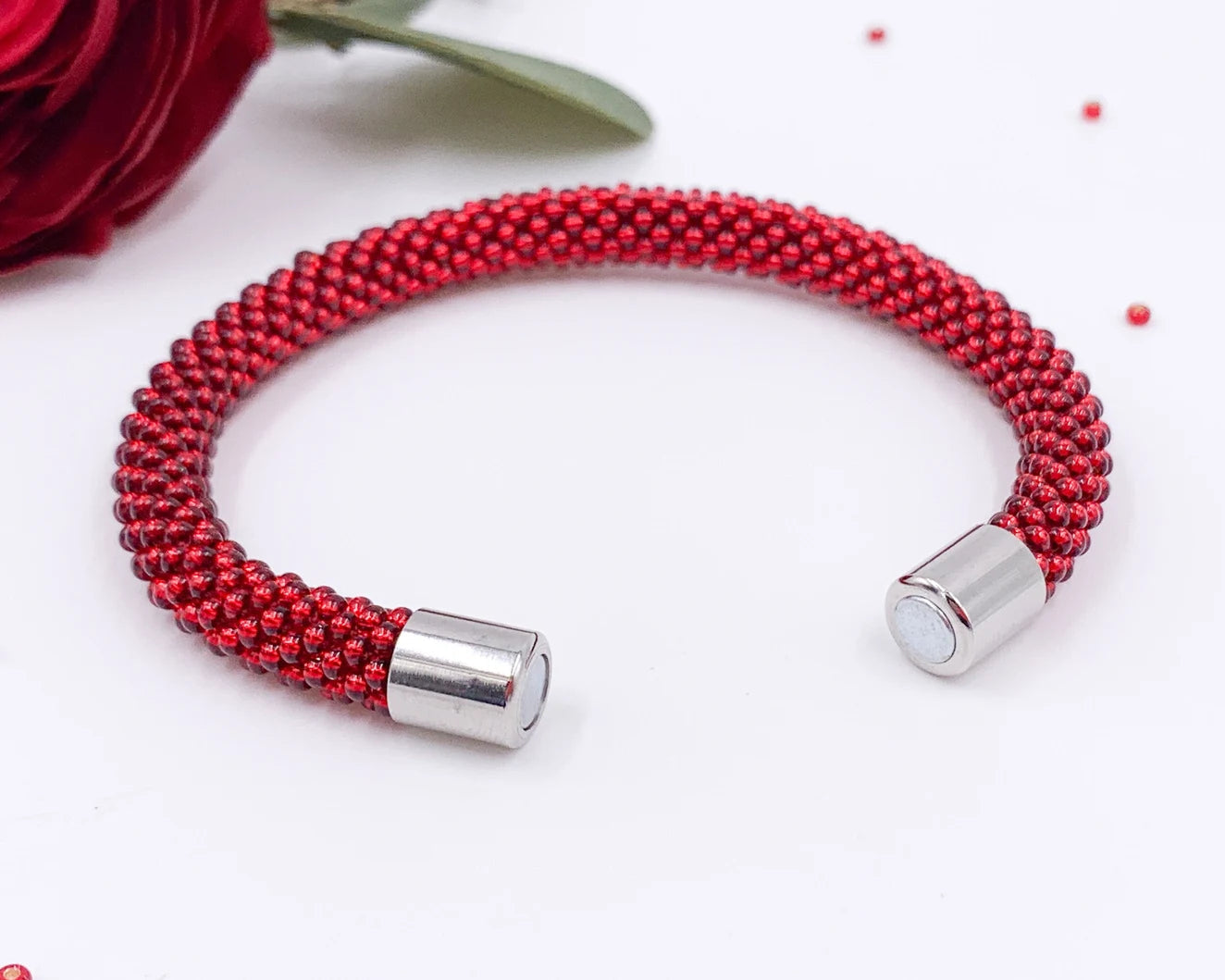 Red Beaded crochet Bracelet - Handmade Boho Jewelry gift for her