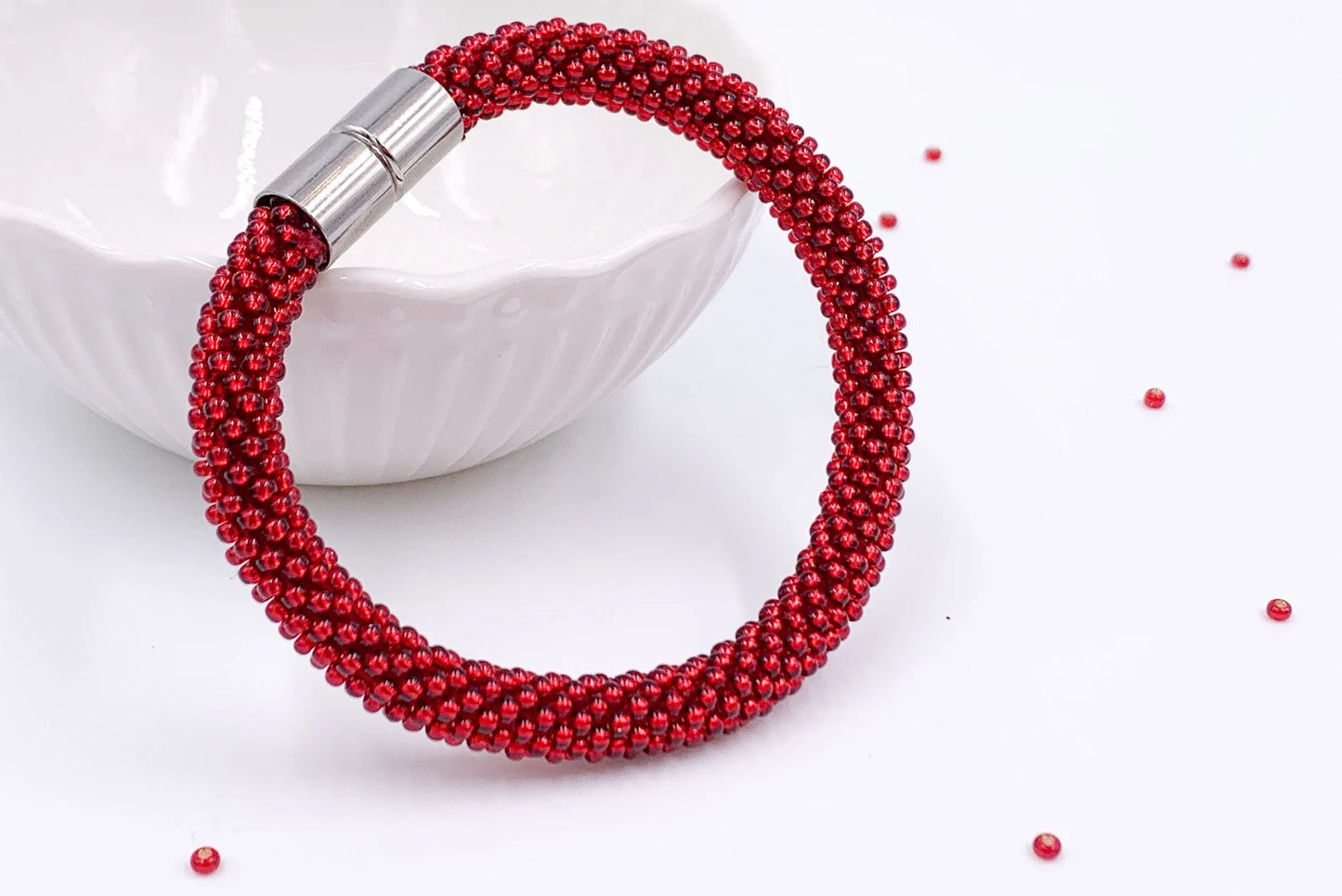 Red Beaded crochet Bracelet - Handmade Boho Jewelry gift for her