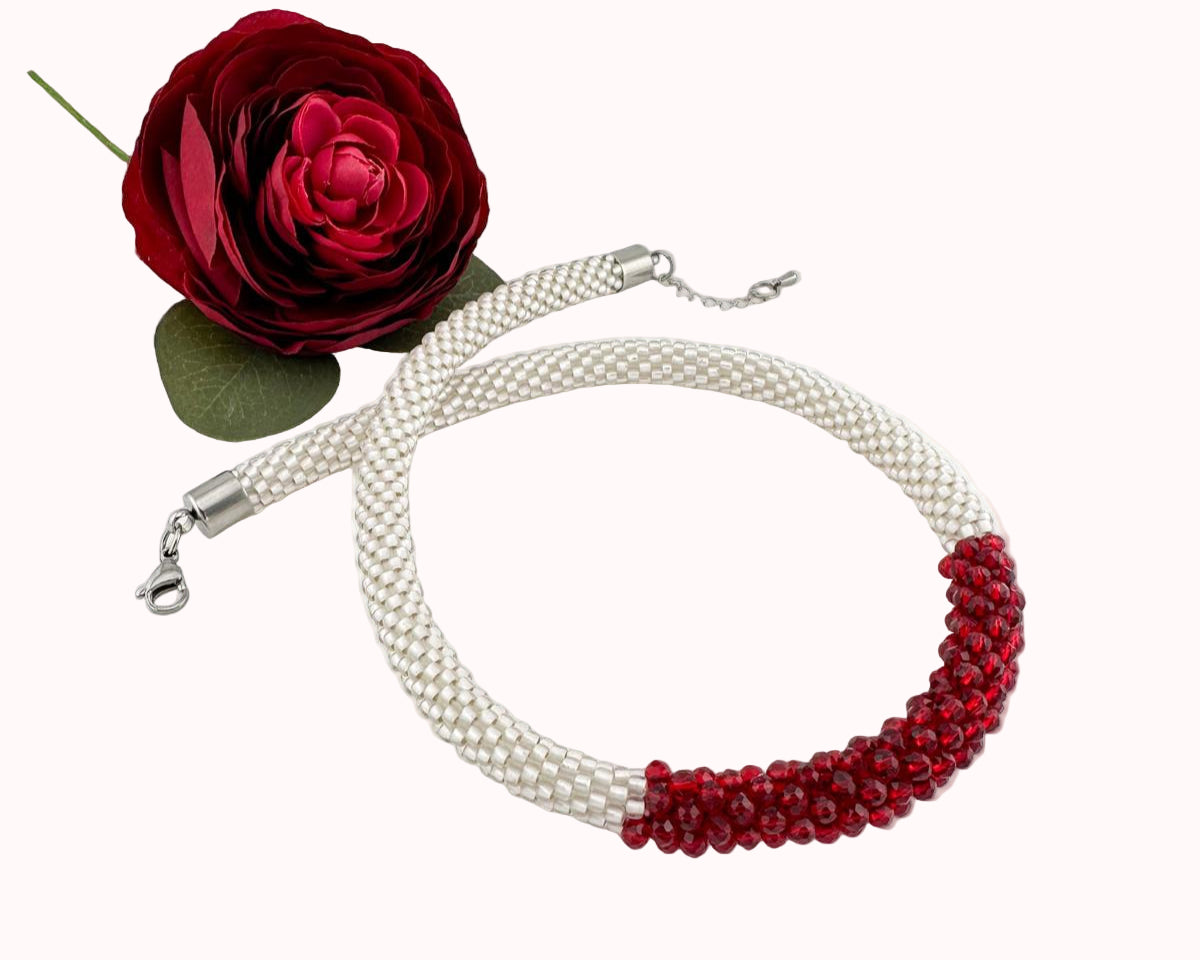 White/ Red Beaded crochet Necklace- Handmade Boho Jewelry gift for her