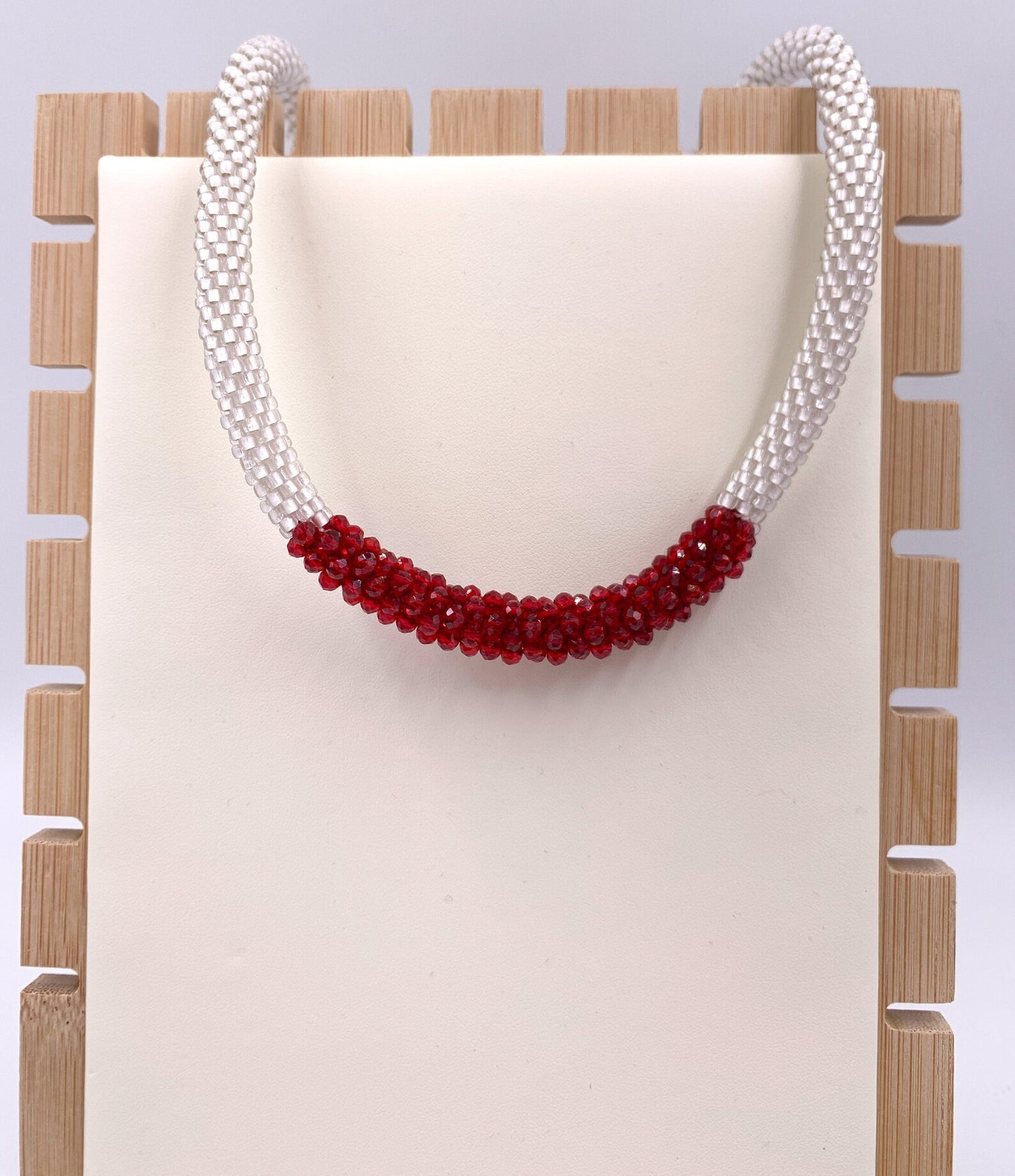 White/ Red Beaded crochet Necklace- Handmade Boho Jewelry gift for her