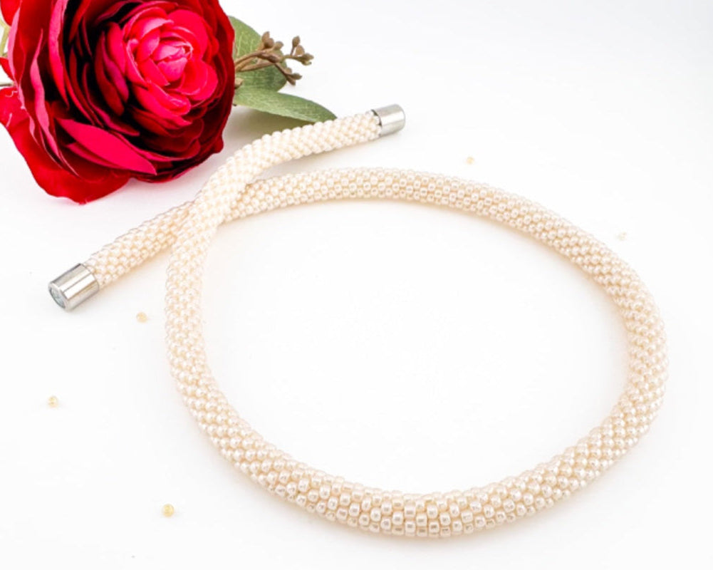 Beige Beaded crochet Necklace - Handmade Boho Jewelry gift for her