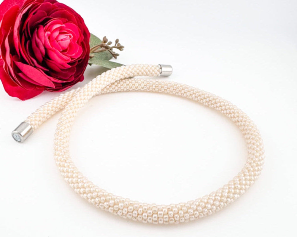 Beige Beaded crochet Necklace - Handmade Boho Jewelry gift for her