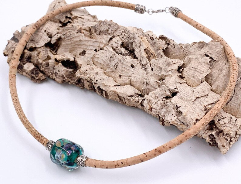 Cork Necklace with handmade glass bead, Eco- Friendly- Natural- Unisex Cork Necklace, vegan jewelry