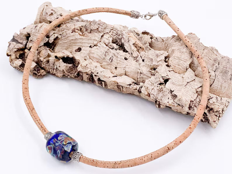 Cork Necklace with glass bead , Eco- Friendly- Natural- Unisex Cork Necklace, vegan jewelry