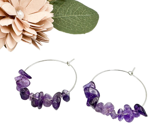 Amethyst Gemstone creole hoop Earrings for Women, Boho Hoop Earrings