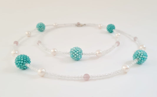 Long Necklace with White Moonstone and Amazonite