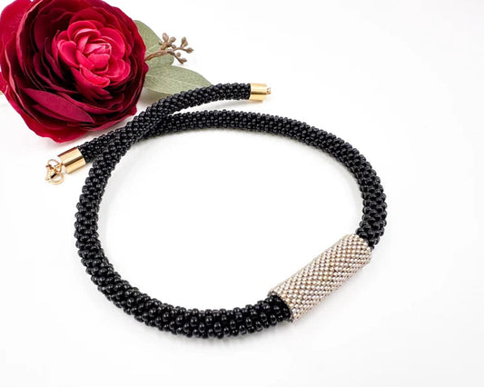 Black Necklace with matte Gold Peyote - Handmade Boho Jewelry gift for her