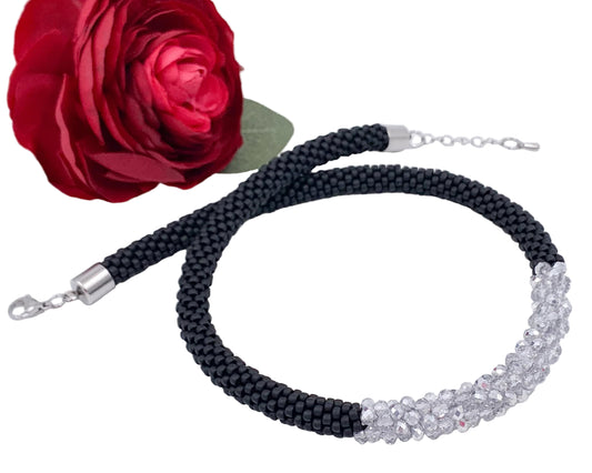 Black matt/ silver Beaded crochet Necklace- Handmade Boho Jewelry gift for her