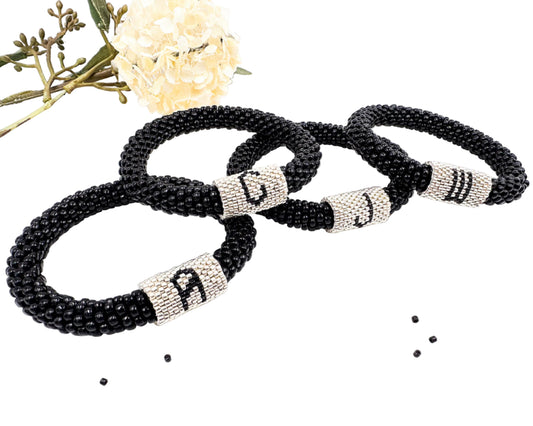 Black Bracelet with personalized Letter Peyote - Handmade Boho Jewelry unisex gift