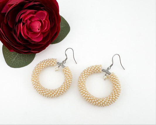 Beige Beaded crochet hoop Earrings, Geometric Earrings women Gift