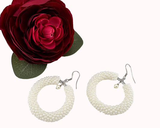 White-pearl Beaded crochet hoop Earrings, Geometric Earrings women Gift