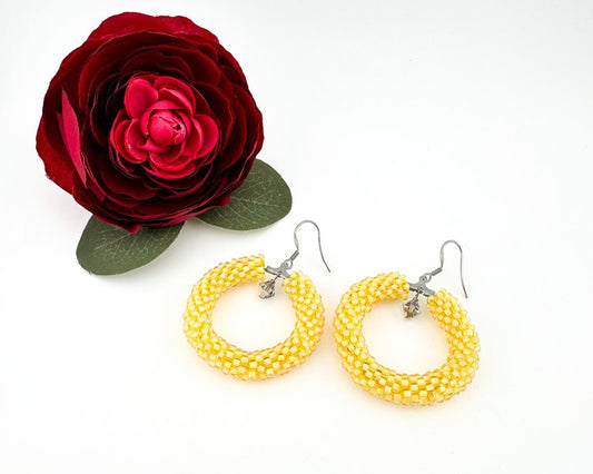Yellow Beaded crochet hoop Earrings, Geometric Earrings women Gift