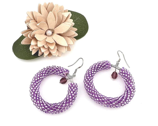 Purple Beaded crochet hoop Earrings, Geometric Earrings women Gift