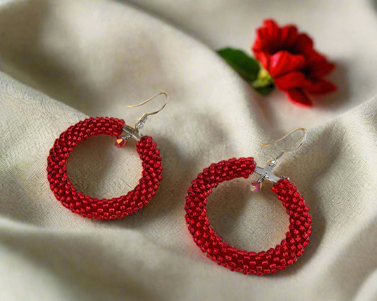 Red Beaded crochet hoop Earrings, Geometric Earrings women Gift