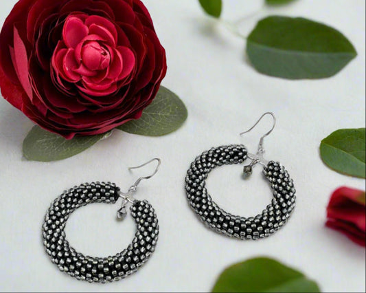 Gray Beaded crochet hoop Earrings, Geometric Earrings women Gift