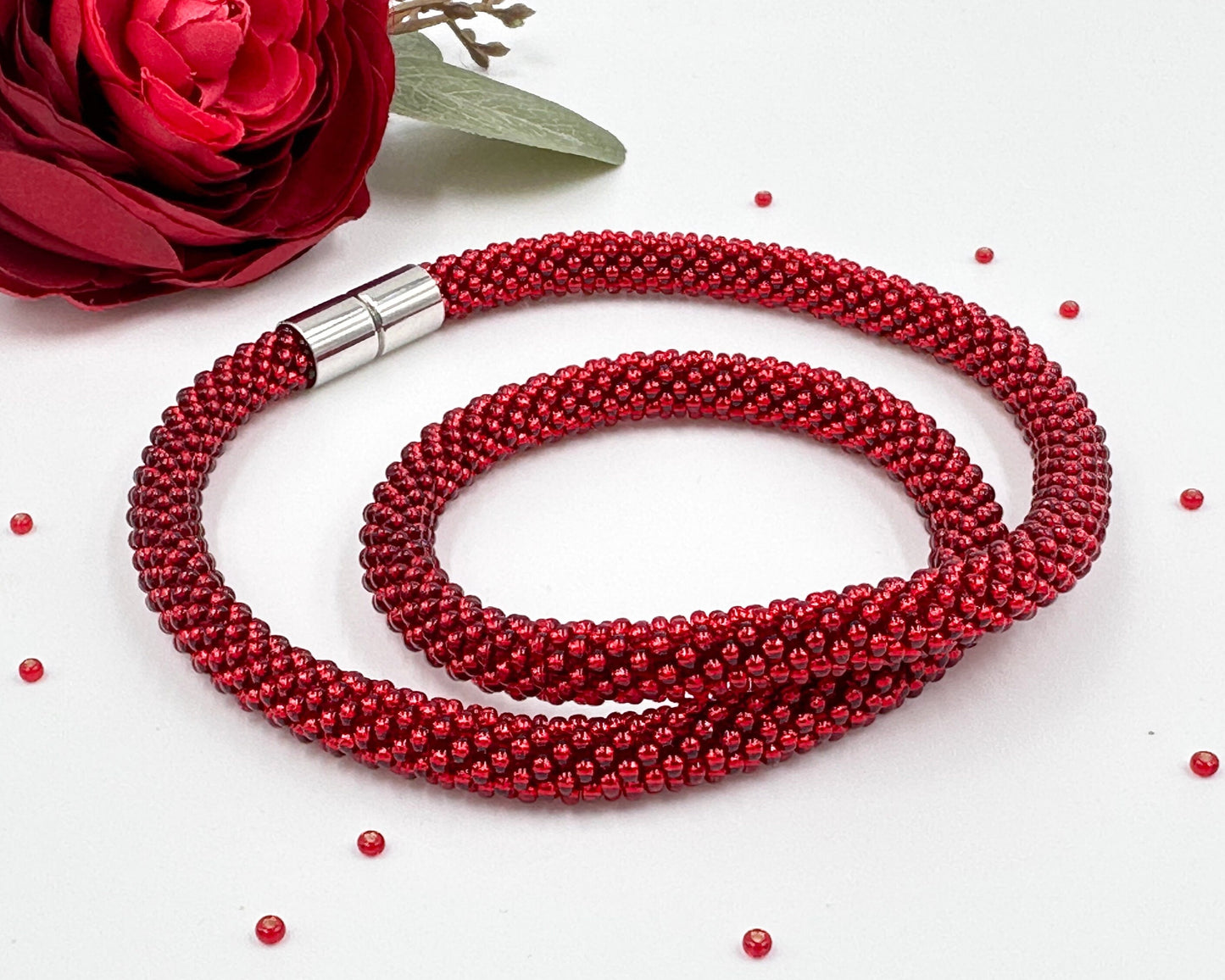 Red Beaded crochet Necklace - Handmade Boho Jewelry gift for her