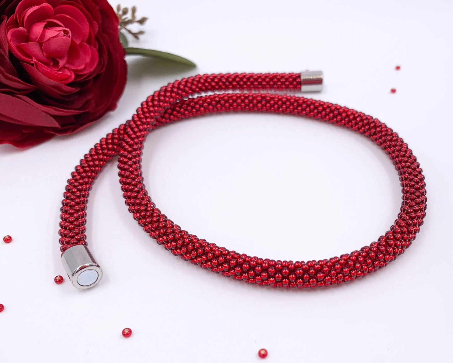 Red Beaded crochet Necklace - Handmade Boho Jewelry gift for her