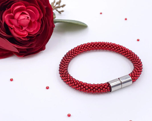 Red Beaded crochet Bracelet - Handmade Boho Jewelry gift for her