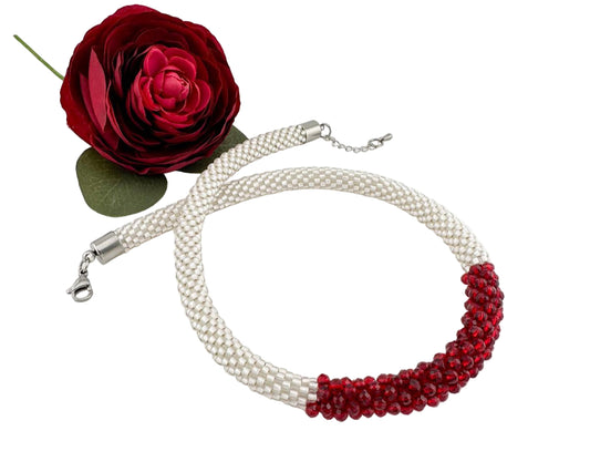 White/ Red Beaded crochet Necklace- Handmade Boho Jewelry gift for her
